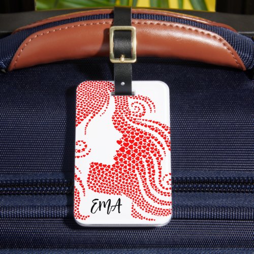 Modern Monogram Womans Silhouette in Red Hearts Luggage Tag