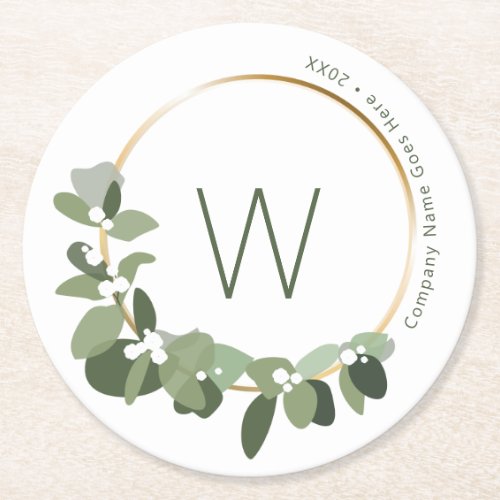 Modern monogram wreath Christmas holiday  Round Paper Coaster