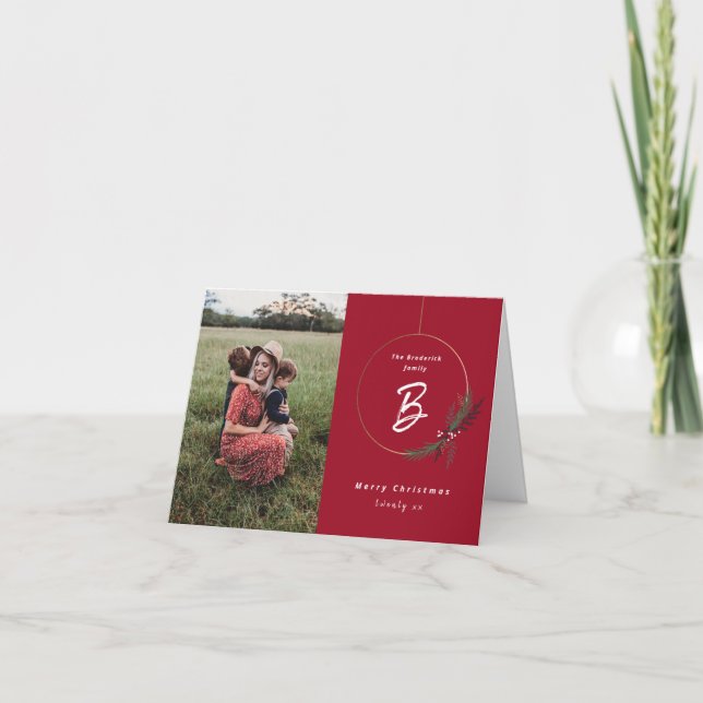 Modern Monogram Wreath Photo Christmas Card (Front)
