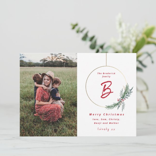 Modern Monogram Wreath Photo Christmas Holiday Card (Standing Front)