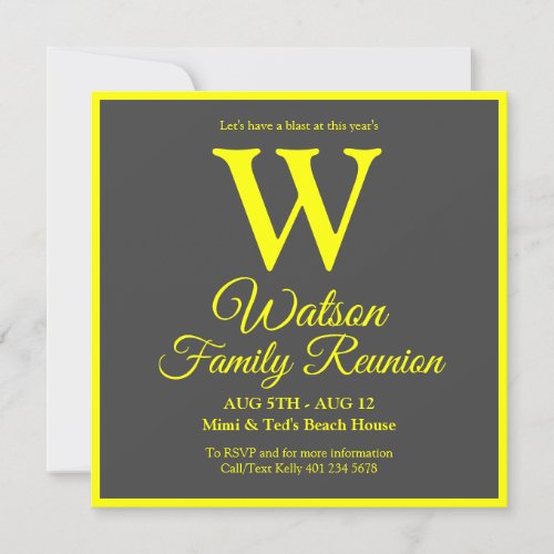Modern Monogram Yellow Gray Stripes Family Reunion Invitation