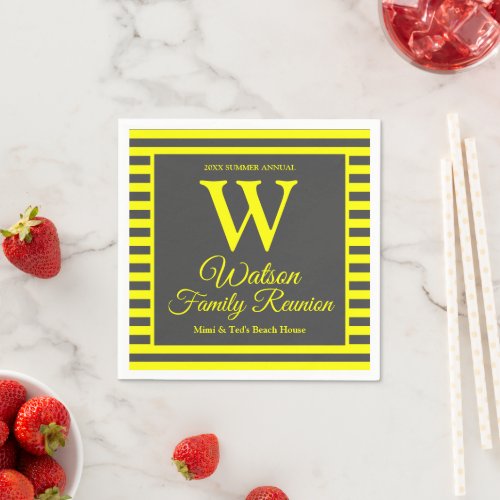 Modern Monogram Yellow Gray Stripes Family Reunion Napkins