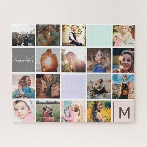 Modern monogram your family 16 photo collage grid jigsaw puzzle