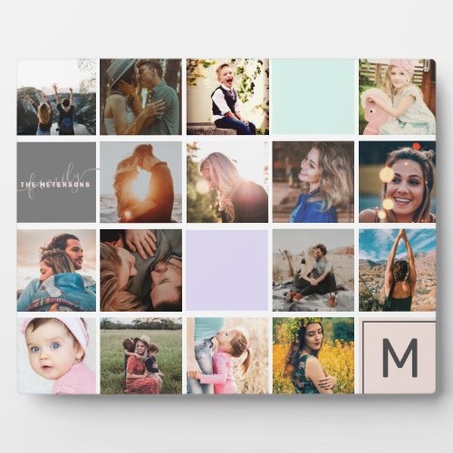 Modern monogram your family 16 photo collage grid plaque