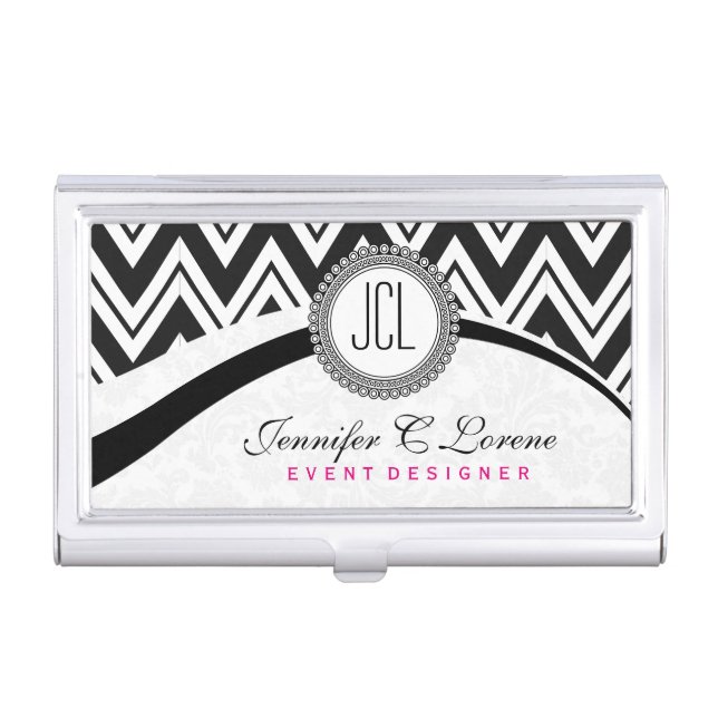 Modern Monogramed Black & White Zigzag Chevron Case For Business Cards (Front)