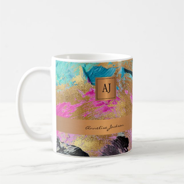 Modern monogramed gold elegant abstract strokes coffee mug (Left)