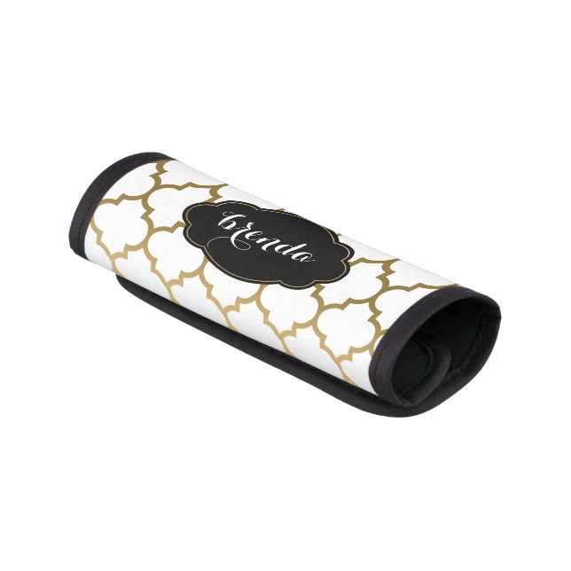 Modern Monogramed Gold Quatrefoil Black Accents Luggage Handle Wrap (Angled)