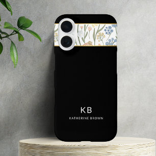 Modern Monogramm Cute Black Floral Pattern  iPhone 16 Case
