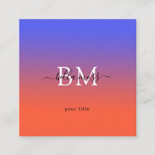  Modern Monogramm Ombre Blue Orange Square Business Card