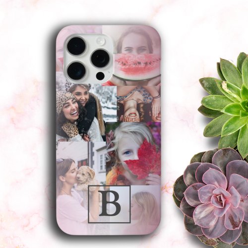 Modern Monogrammed 6 Photo Collage Blush Pink  iPhone 15 Pro Max Case