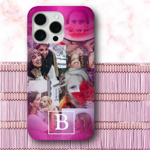 Modern Monogrammed 6 Photo Collage Pink Gradient  iPhone 15 Pro Max Case