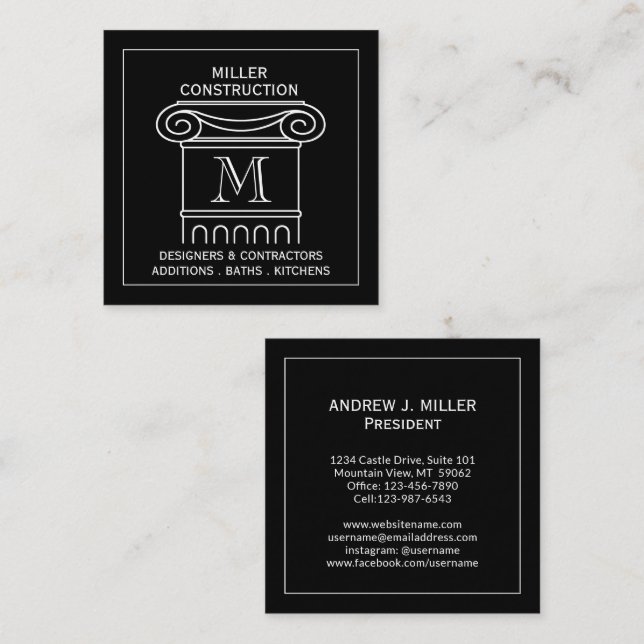Modern Monogrammed Architectural Column Cap Square Square Business Card (Front/Back)