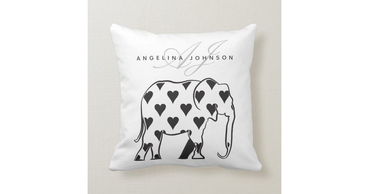 Modern Monogrammed Artsy Black and White Elephant Throw Pillow