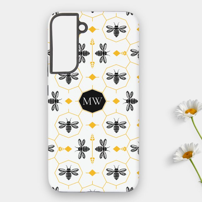 Modern Monogrammed Bee Black Yellow Honeycomb Chic Samsung Galaxy Case (Modern Bee Monogram Samsung s22 Phone Case)