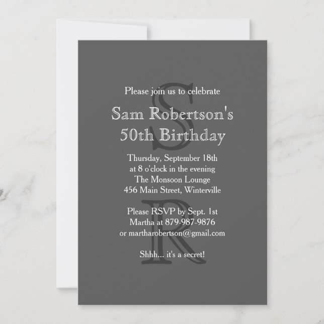 Modern Monogrammed Birthday Invitation (gray) (Front)