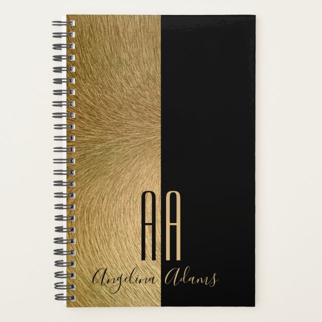Modern Monogrammed Black and Gold Fur Planner (Front)