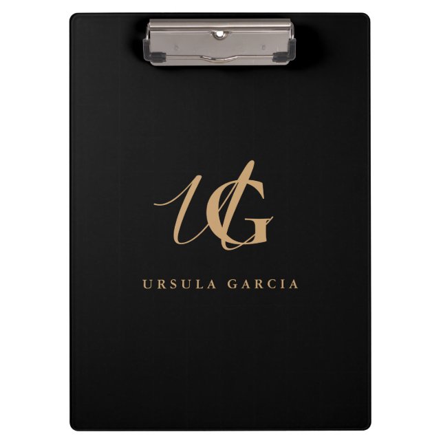 Modern Monogrammed Black and Gold Script   Clipboard (Front)