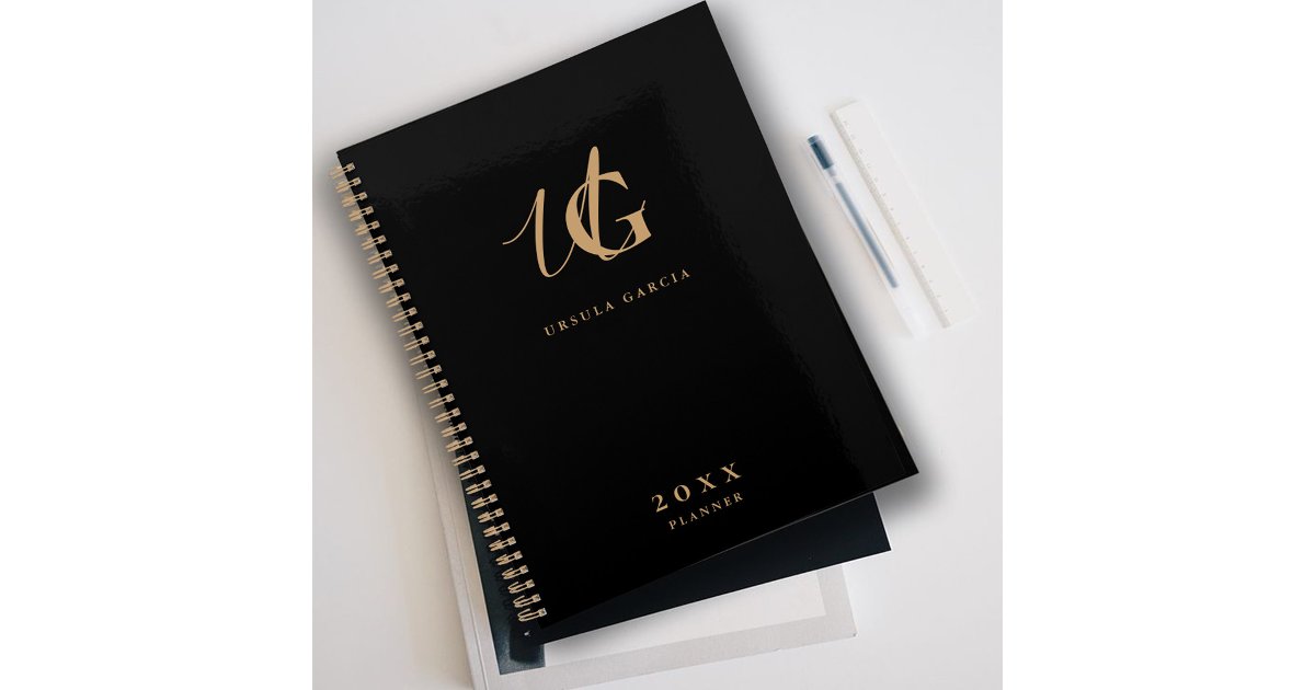 Modern Monogrammed Black and Gold Script Planner | Zazzle