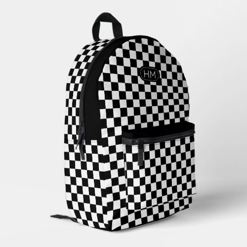 Modern Monogrammed Black and White Check Pattern Printed Backpack