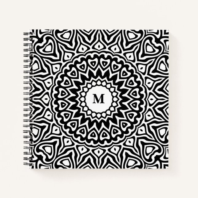 Modern Monogrammed Black and White Mandala Pattern Notebook (Front)