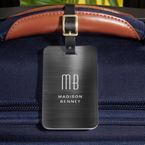 Modern Monogrammed Black Brushed Metallic Luggage Tag