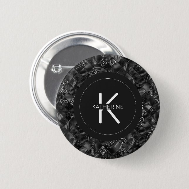 Modern Monogrammed Black Faux Glitter Pattern Button (Front & Back)
