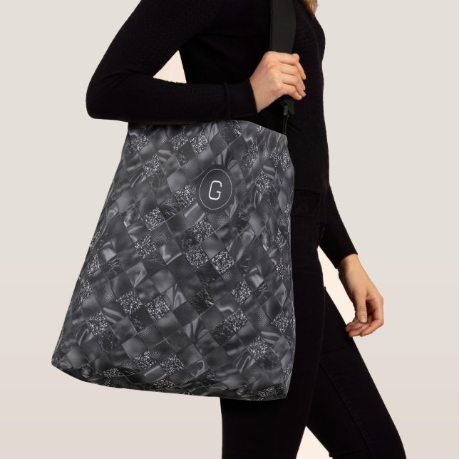 Modern Monogrammed Black Faux Glitter Pattern Crossbody Bag (Close Up)
