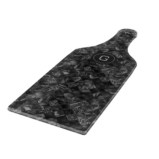 Modern Monogrammed Black Faux Glitter Pattern Cutting Board (Corner)