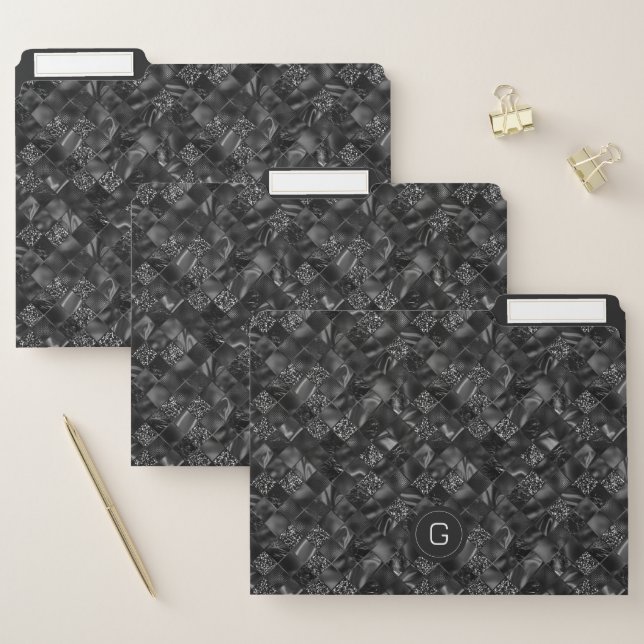 Modern Monogrammed Black Faux Glitter Pattern File Folder (Set)