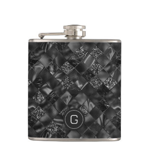 Modern Monogrammed Black Faux Glitter Pattern Flask