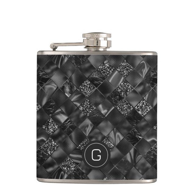 Modern Monogrammed Black Faux Glitter Pattern Flask (Front)