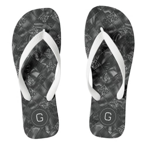 Modern Monogrammed Black Faux Glitter Pattern Flip Flops