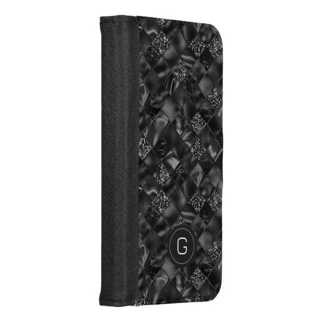 Modern Monogrammed Black Faux Glitter Pattern iPhone Wallet Case (Right)