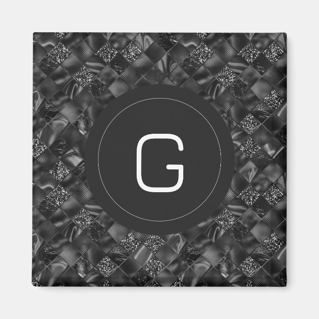 Modern Monogrammed Black Faux Glitter Pattern Magnet (Front)