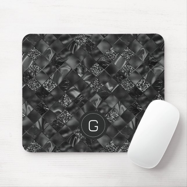 Modern Monogrammed Black Faux Glitter Pattern Mouse Pad (With Mouse)