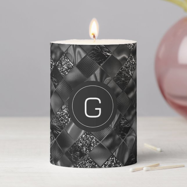 Modern Monogrammed Black Faux Glitter Pattern Pillar Candle (In Situ)