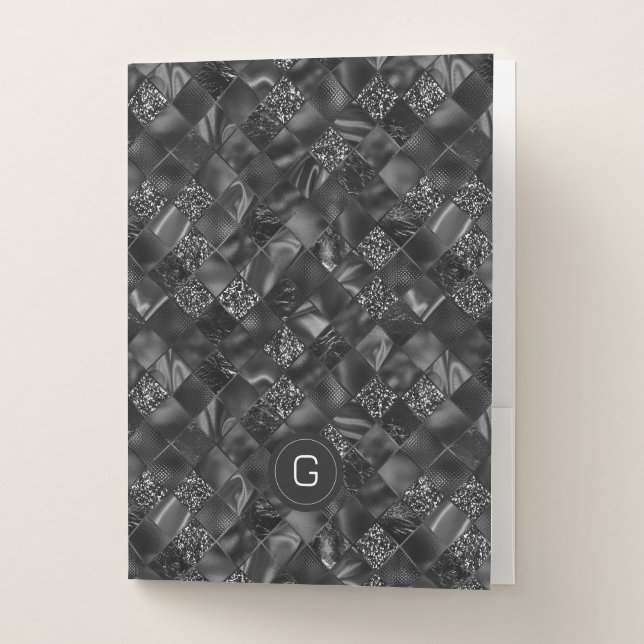 Modern Monogrammed Black Faux Glitter Pattern Pocket Folder (Front)