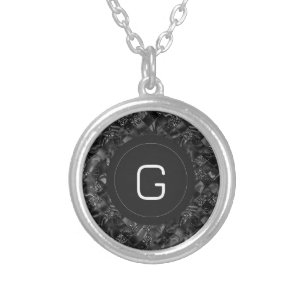 Modern Monogrammed Black Faux Glitter Pattern Silver Plated Necklace