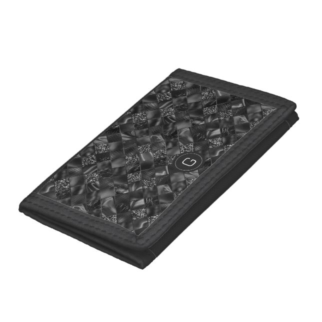 Modern Monogrammed Black Faux Glitter Pattern Tri-fold Wallet (Bottom)