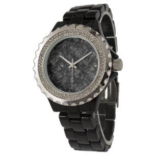 Modern Monogrammed Black Faux Glitter Pattern Watch