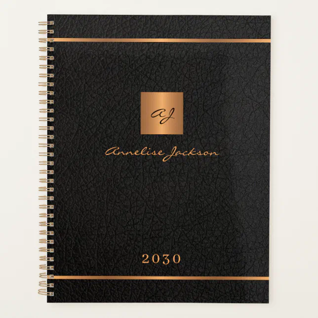 Modern monogrammed black gold elegant name script planner | Zazzle