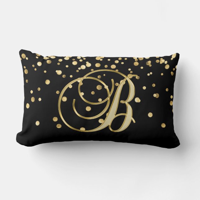 Modern Monogrammed Black Gold Letter 'B' Confetti Lumbar Pillow (Front)