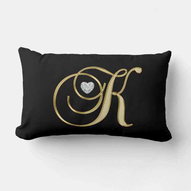 Modern Monogrammed Black Gold Letter 'K' Heart Lumbar Pillow (Front)