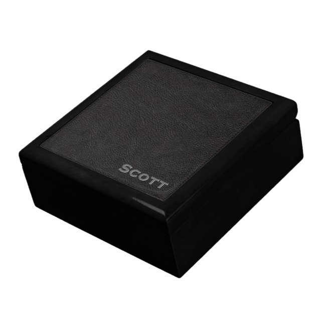 Modern Monogrammed Black Leather Texture Look Jewelry Box (Side)