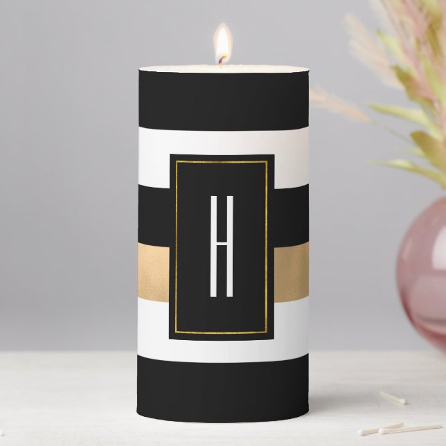 Modern Monogrammed Black Striped Pillar Candle (In Situ)