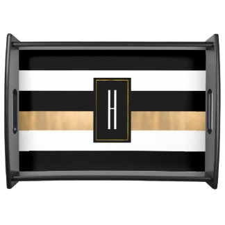 Modern Monogrammed Black Striped  Serving Tray