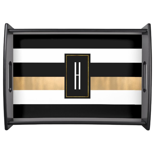 Modern Monogrammed Black Striped  Serving Tray (Front)