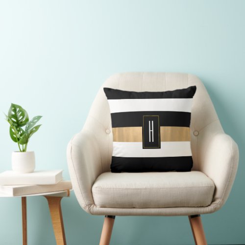 Modern Monogrammed Black Striped  Throw Pillow
