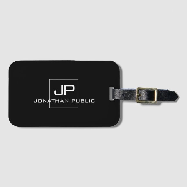 Modern Monogrammed Black White Elegant Template Luggage Tag (Front Horizontal)