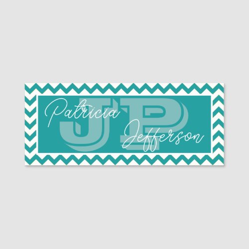 Modern Monogrammed Blue_Green Teal Chevron Pattern Name Tag